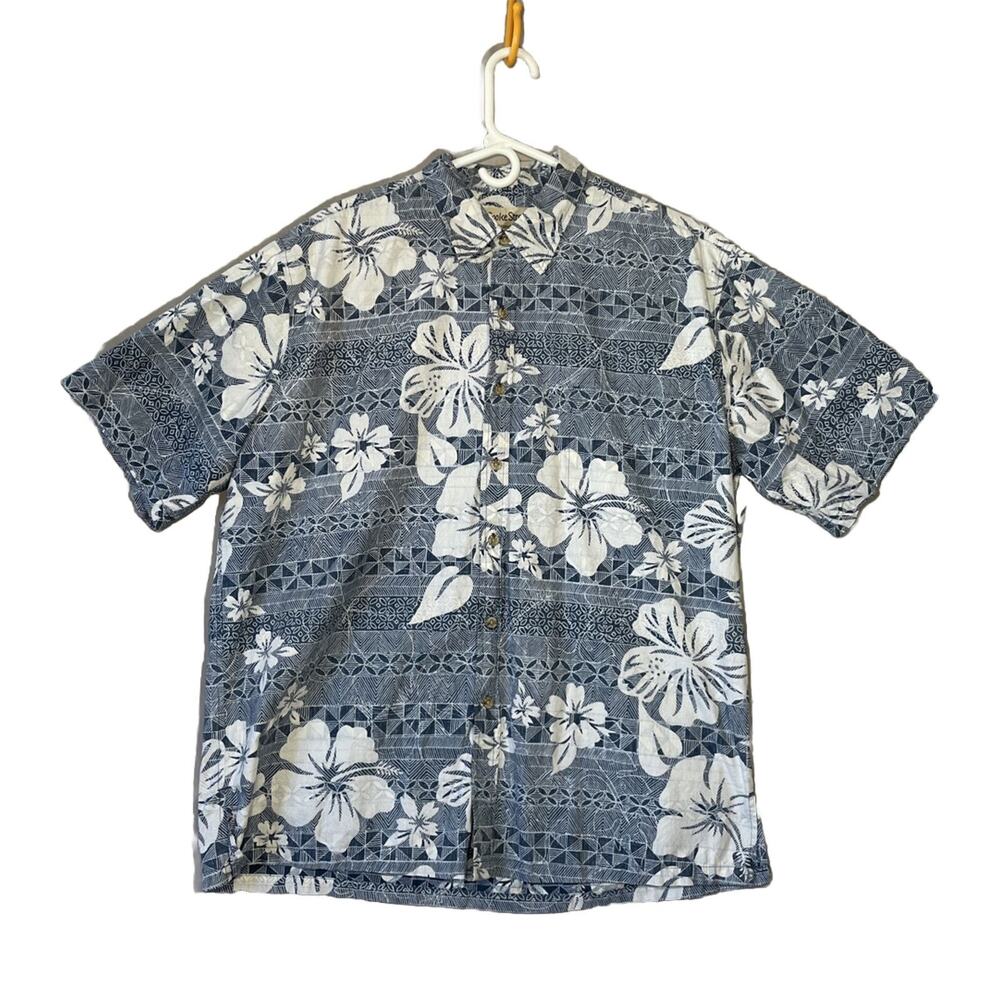 Cooke Street Hawaiian Aloha Shirt XL Reverse Print Hibiscus Flower Blue White